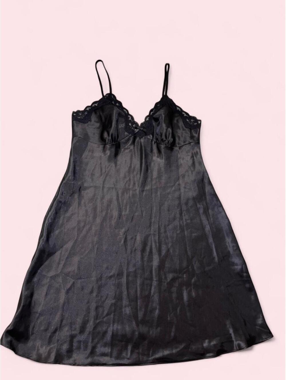 Ambrielle black fitted satin slip dress with lace trim, size M